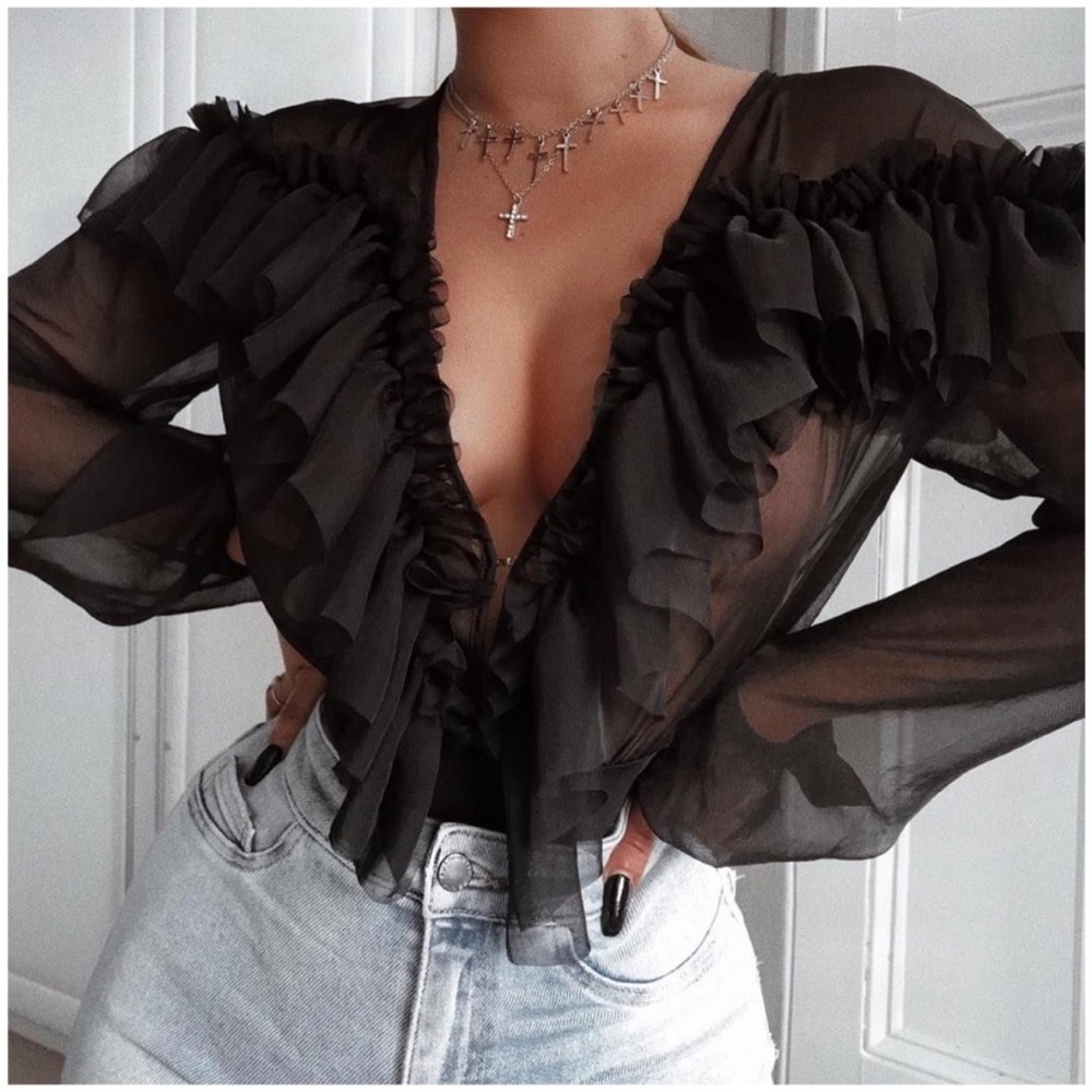 HOUSE OF CB Anaya Long Sleeve Ruffle Plunge Bodysuit